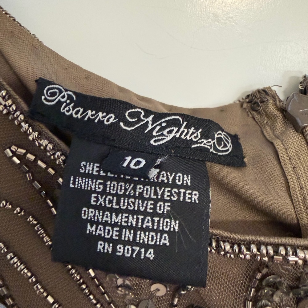 Pisarro Nights Taupe Beaded Long-Sleeve Evening Gown - Picture 10 of 10